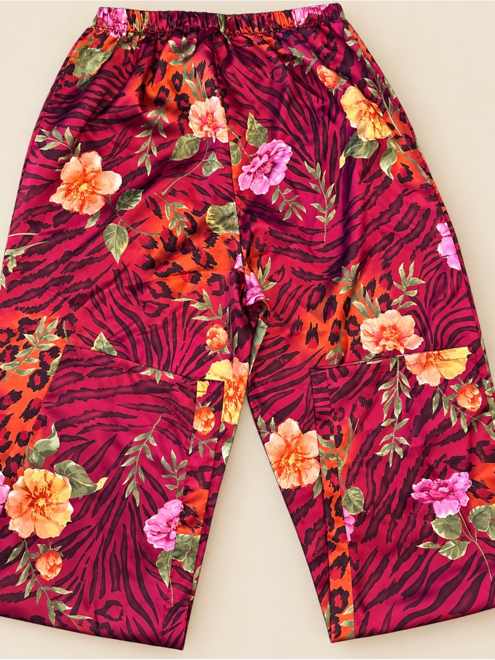 Floral Animal Print Satin Pajama Pants Small Y2K Maximalist Wide Leg